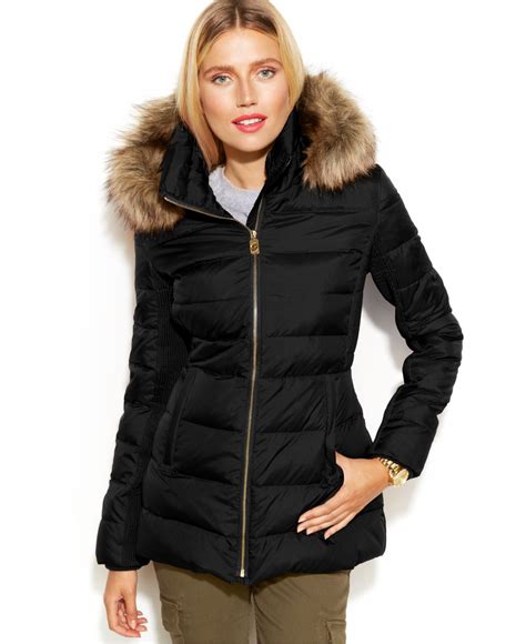 michael michael kors faux fur trim hooded puffer jacket